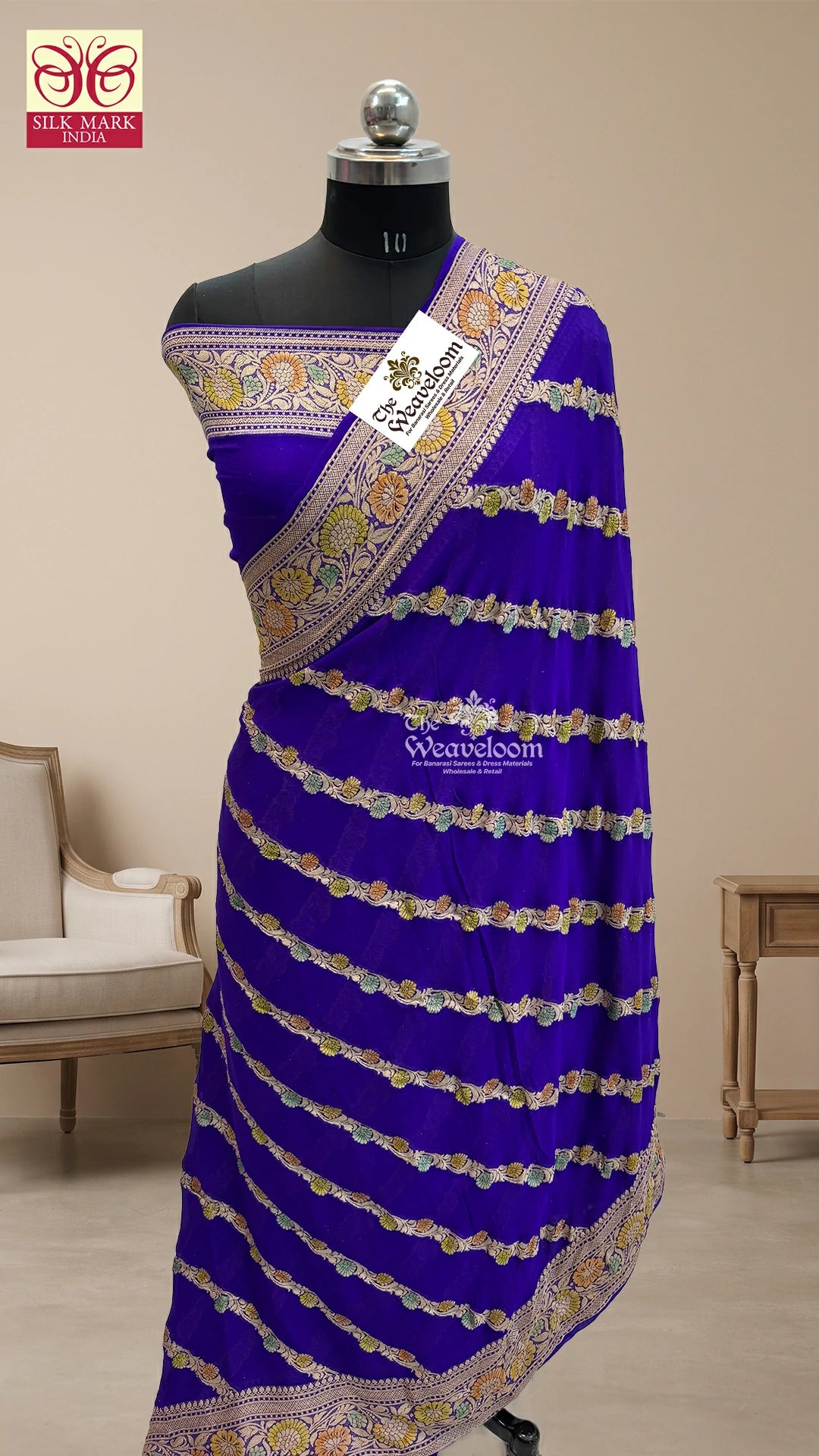 Violet diagonal floral stripe handbrush kalamkari crepe georgette pure Banarasi saree by The Weaveloom