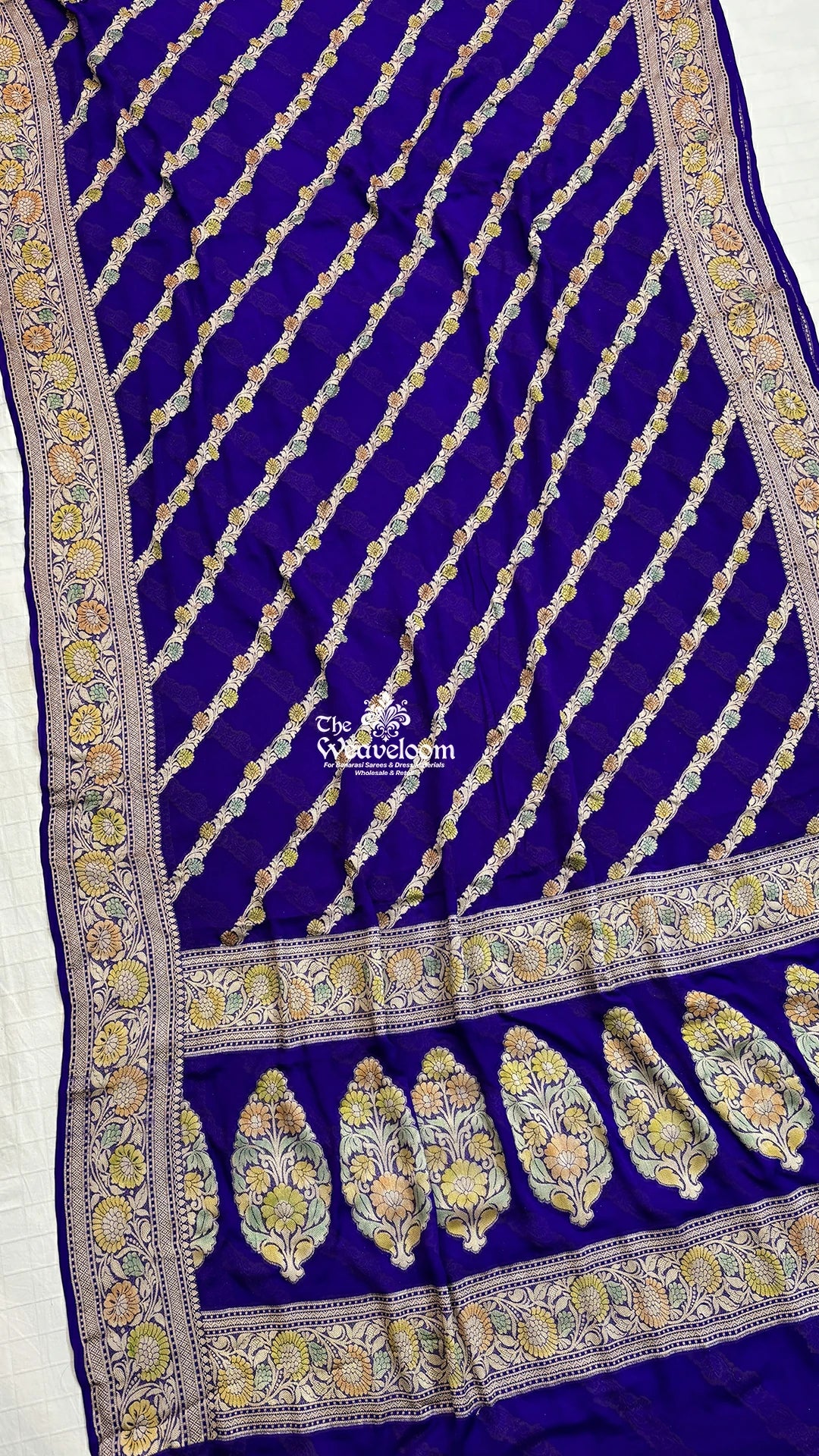 Violet diagonal floral stripe handbrush kalamkari crepe georgette pure Banarasi saree by The Weaveloom