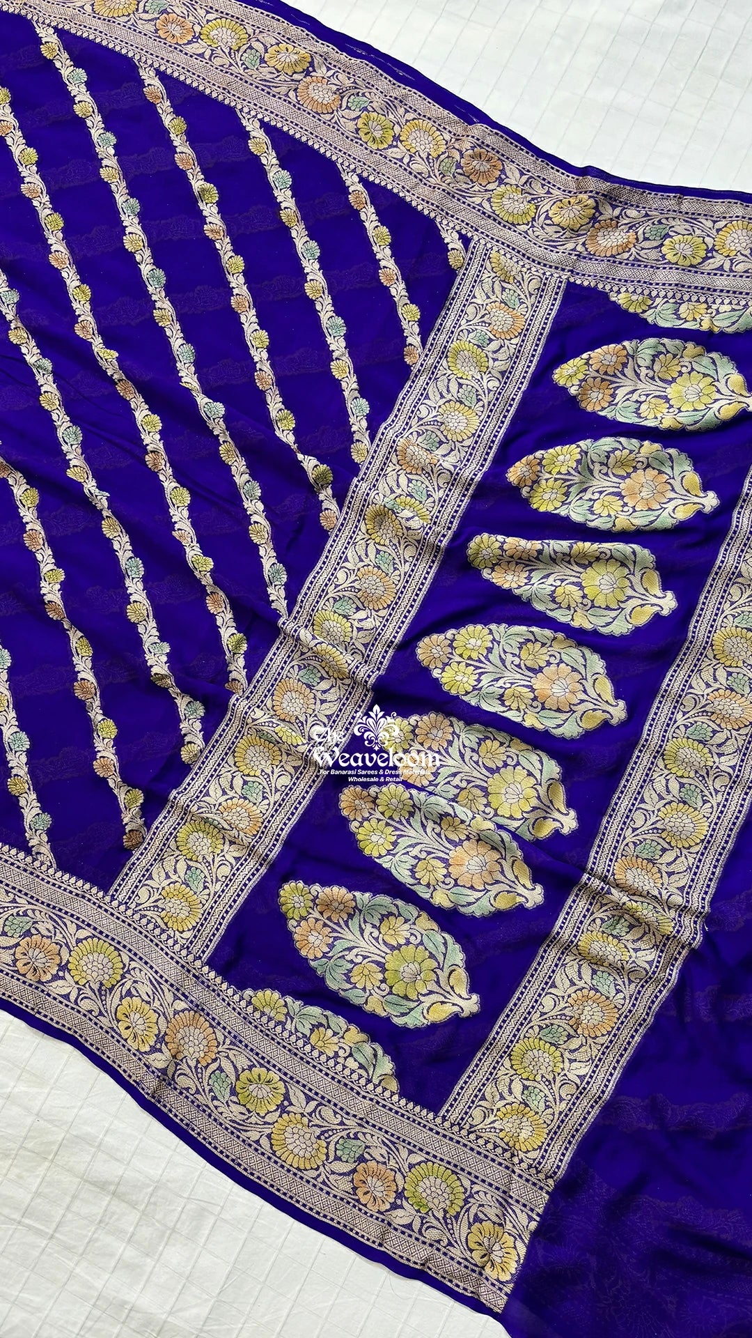Violet diagonal floral stripe handbrush kalamkari crepe georgette pure Banarasi saree by The Weaveloom