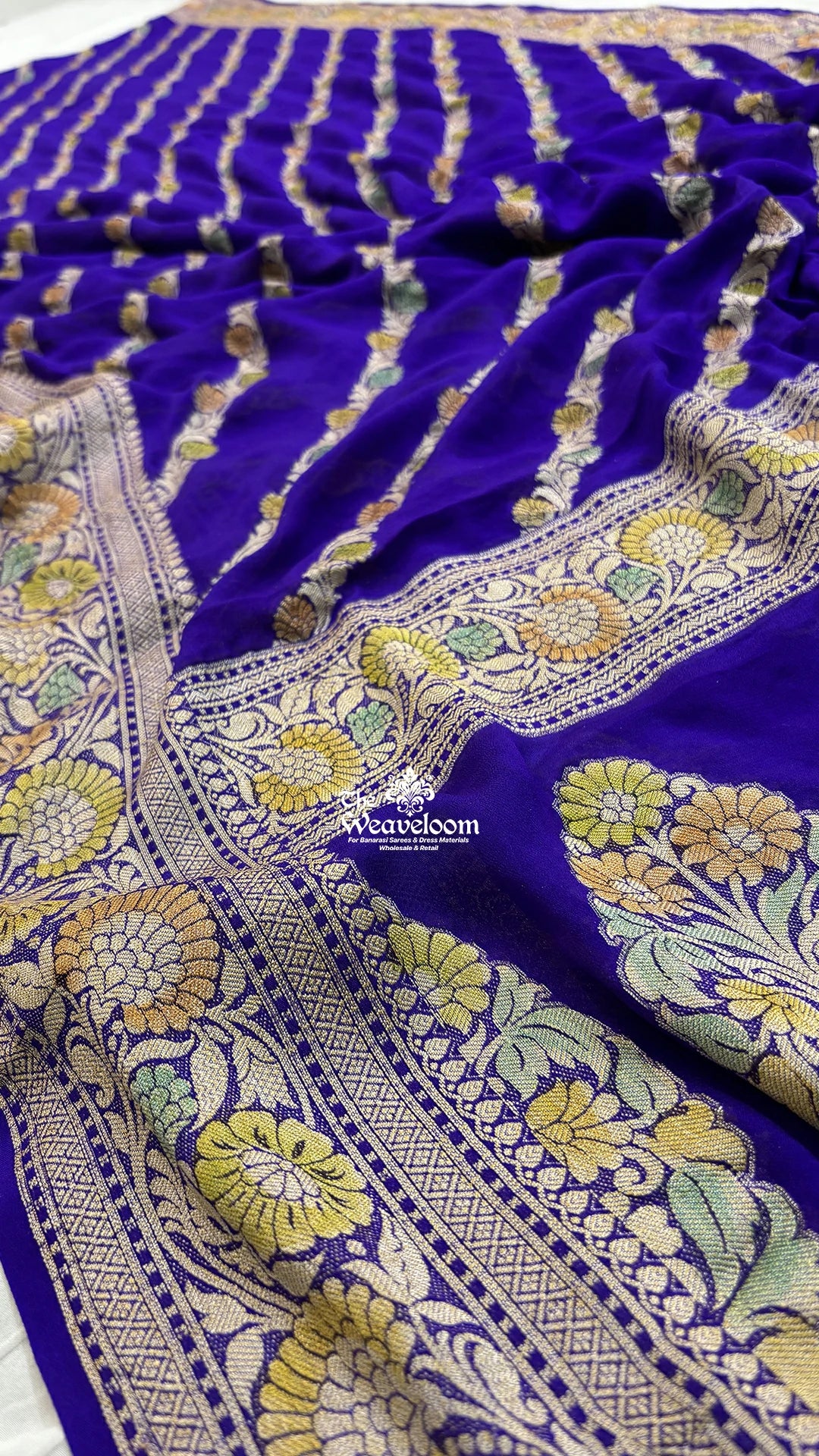 Violet diagonal floral stripe handbrush kalamkari crepe georgette pure Banarasi saree by The Weaveloom