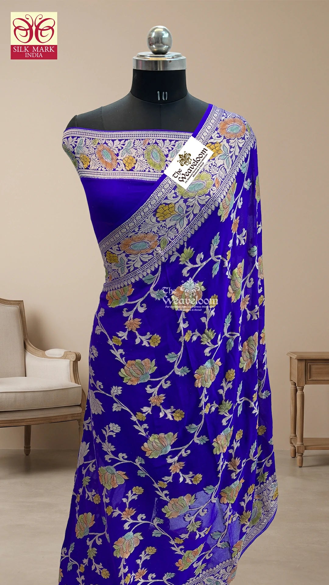 Violet Floral Jaal Handbrush Dye Pure Crepe Georgette Banarasi Saree by The Weaveloom