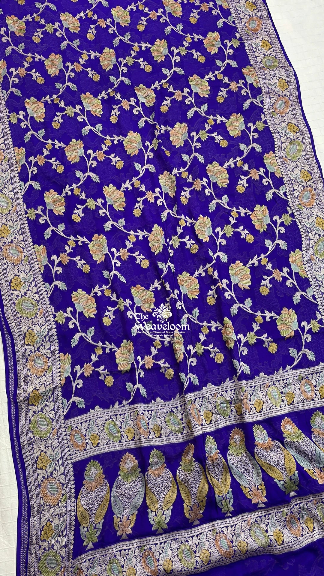 Violet Floral Jaal Handbrush Dye Pure Crepe Georgette Banarasi Saree by The Weaveloom