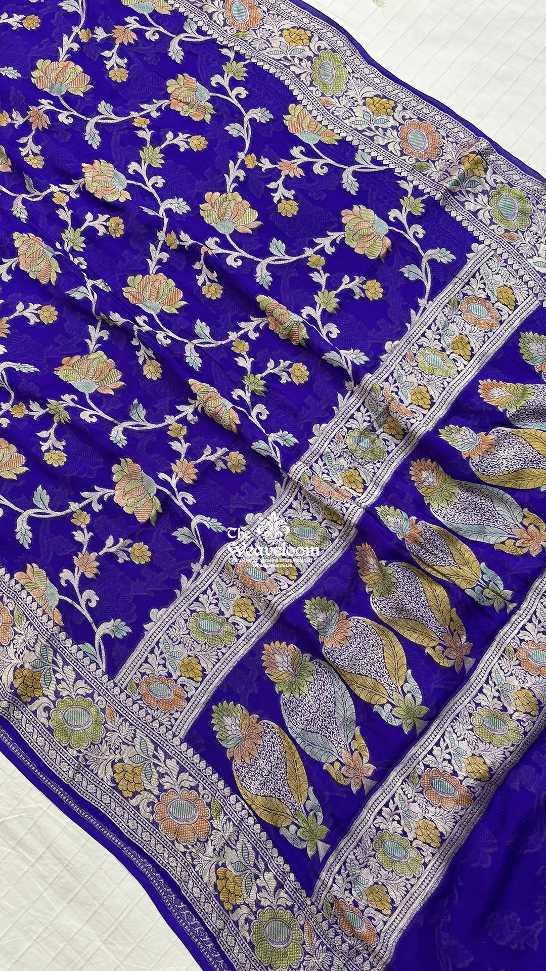 Violet Floral Jaal Handbrush Dye Pure Crepe Georgette Banarasi Saree by The Weaveloom
