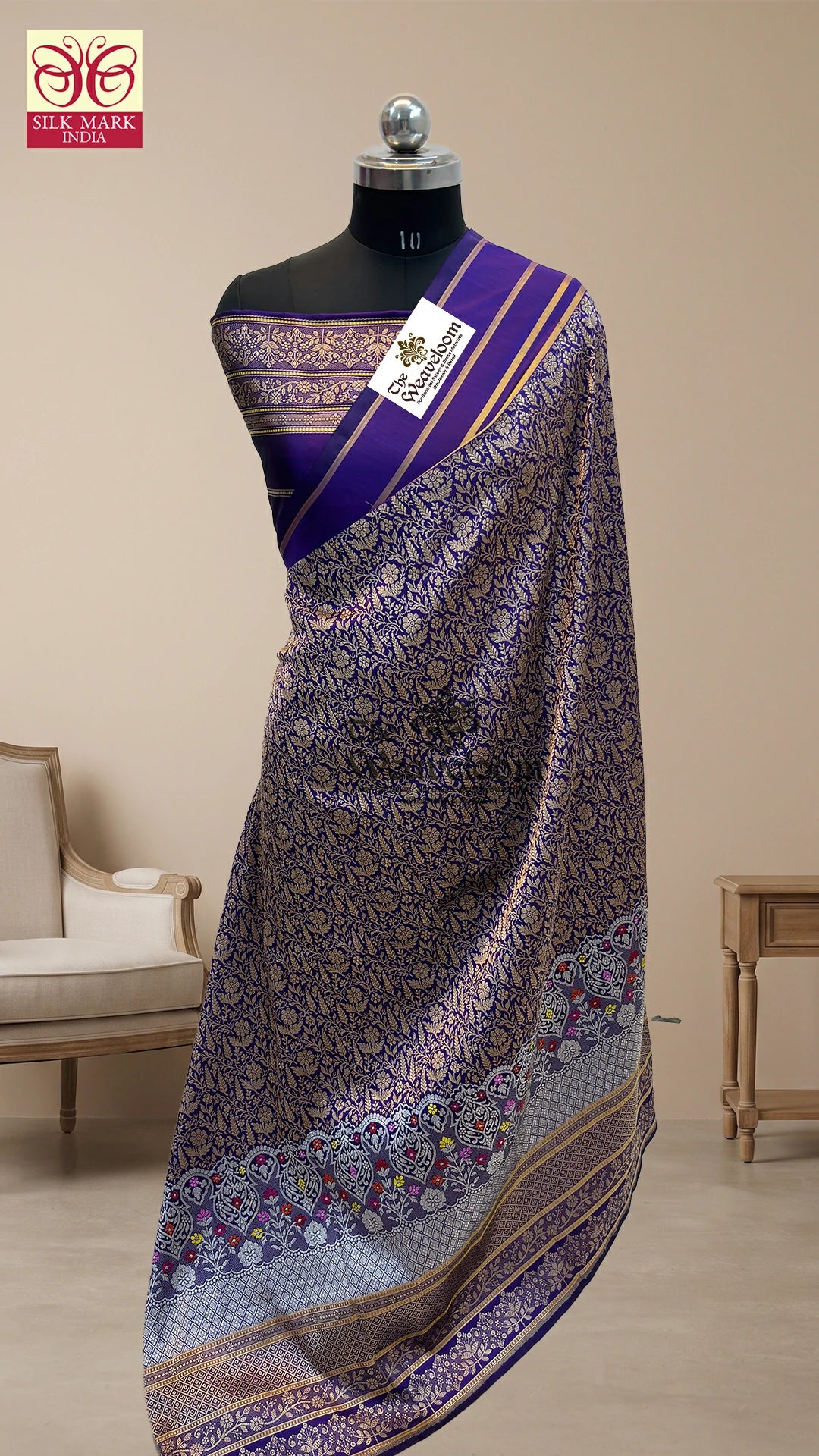 Violet floral jaal meenakari handloom katan silk brocade pure Banarasi saree by The Weaveloom