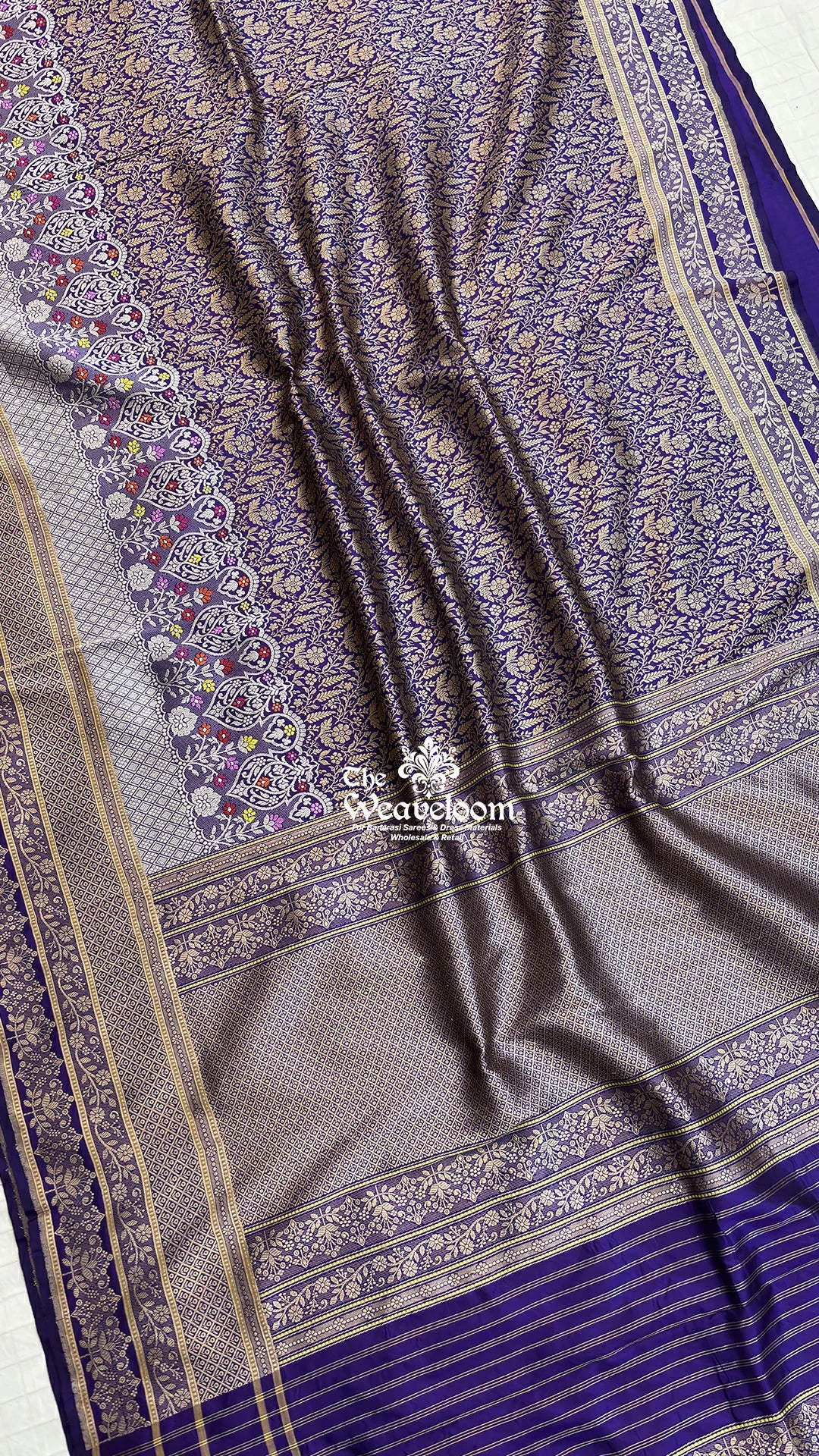 Violet floral jaal meenakari handloom katan silk brocade pure Banarasi saree by The Weaveloom