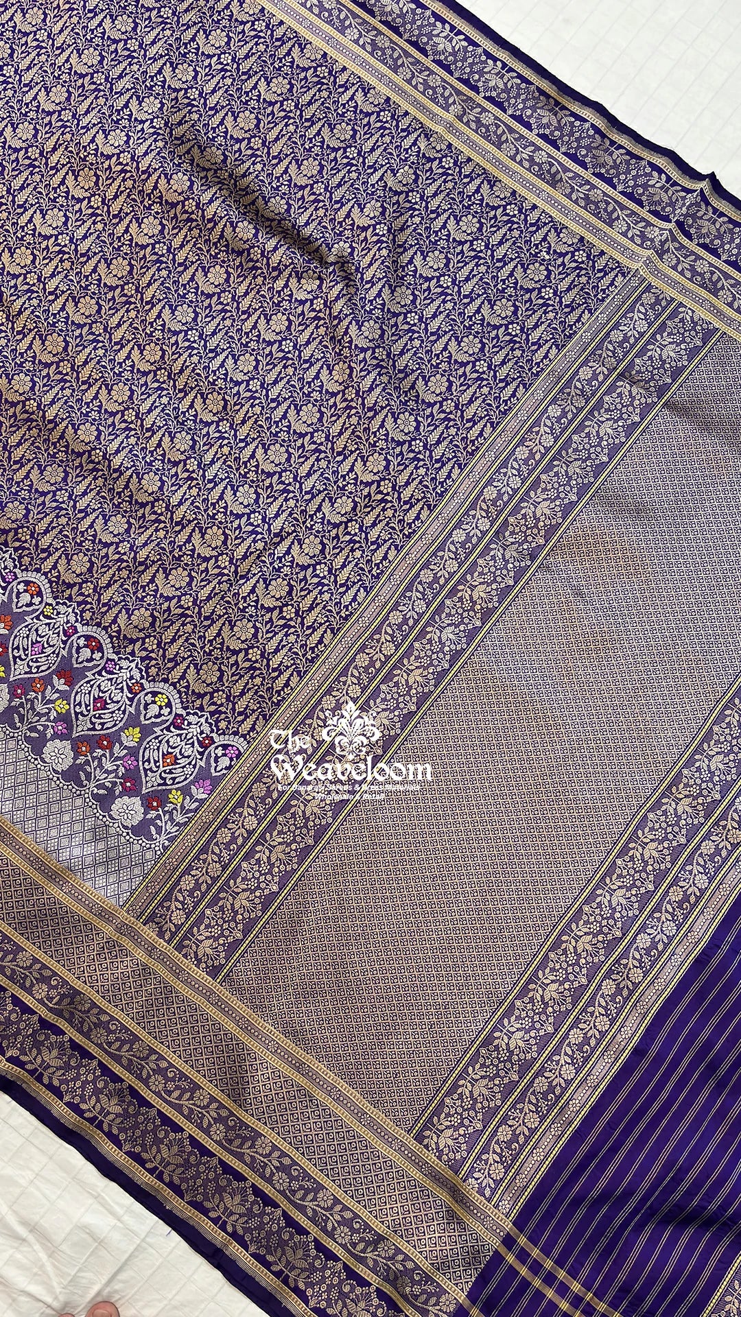 Violet floral jaal meenakari handloom katan silk brocade pure Banarasi saree by The Weaveloom