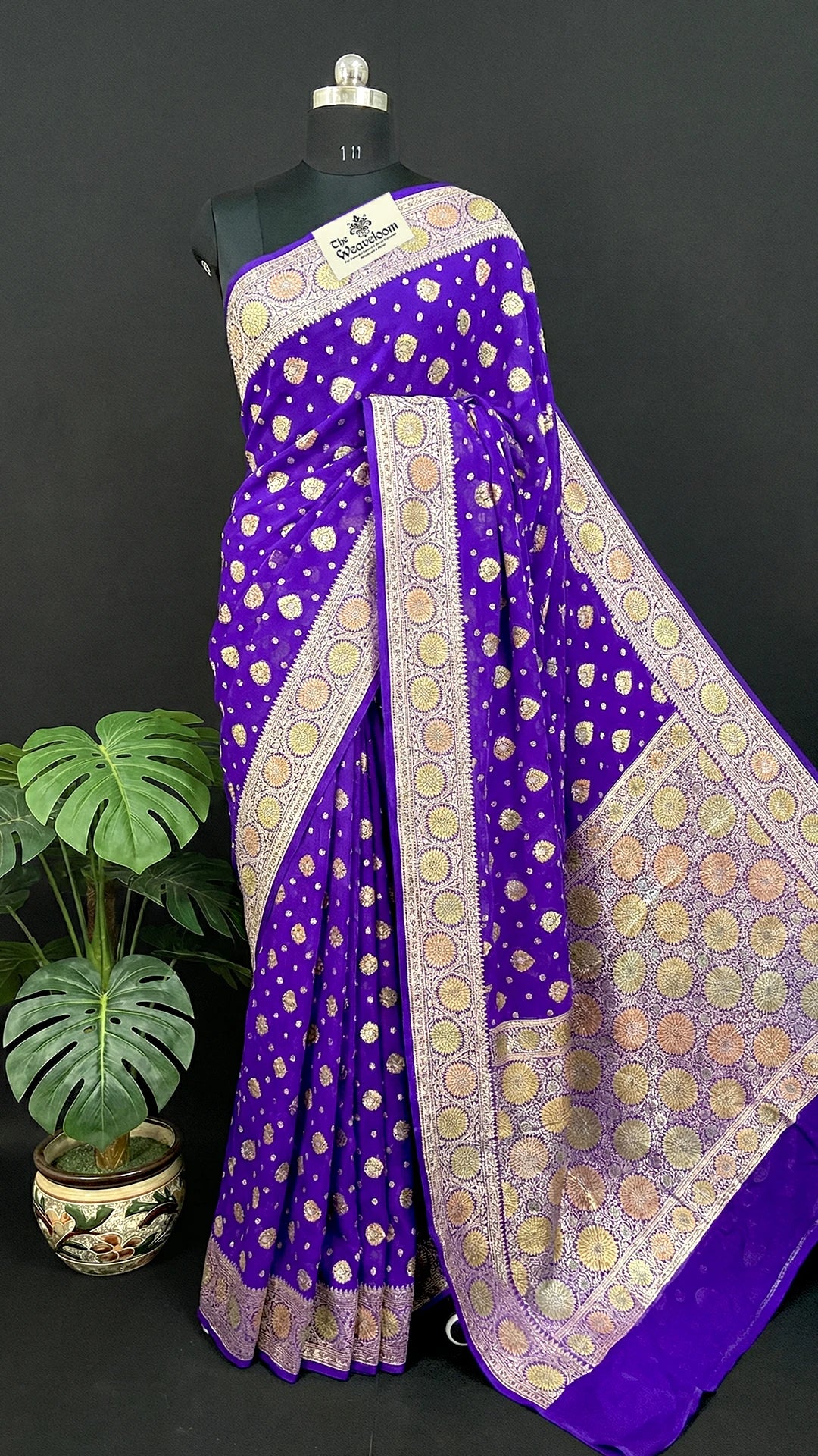 Violet Floral Zari Crepe Georgette Pure Banarasi Saree by The Weaveloom