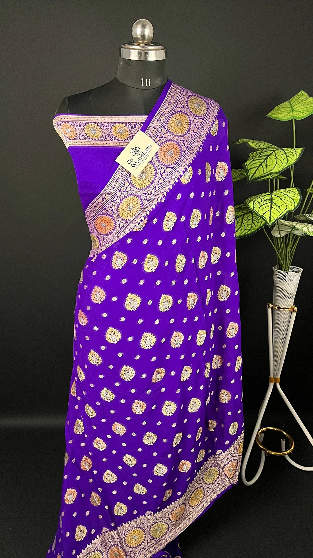 Violet Floral Zari Crepe Georgette Pure Banarasi Saree by The Weaveloom