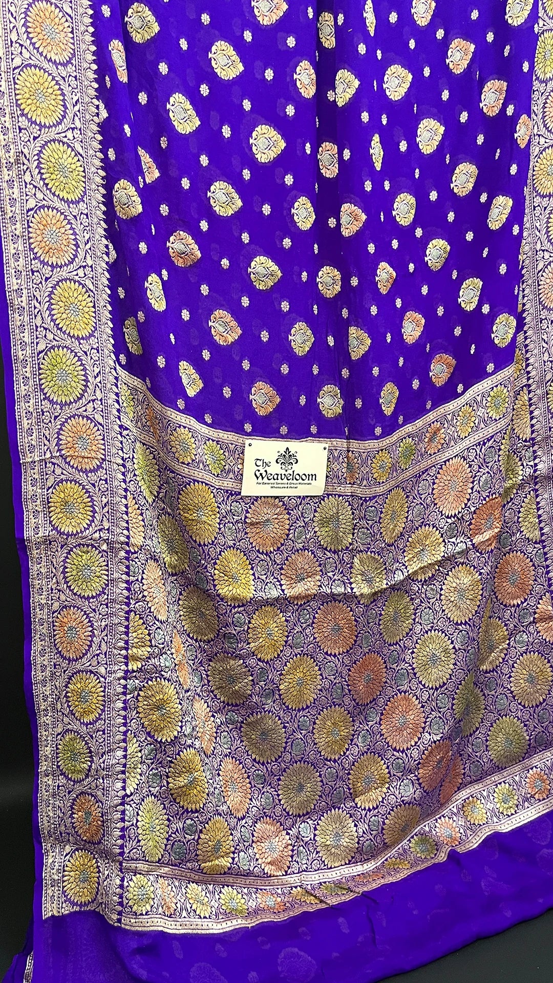 Violet Floral Zari Crepe Georgette Pure Banarasi Saree by The Weaveloom