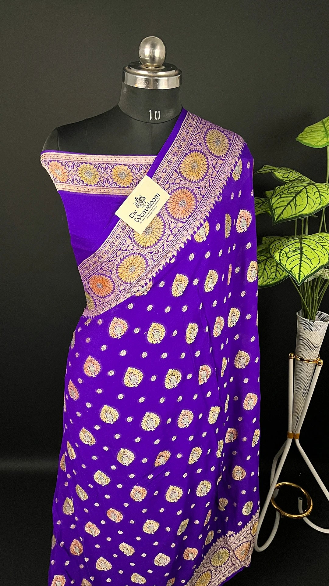 Violet Floral Zari Crepe Georgette Pure Banarasi Saree by The Weaveloom