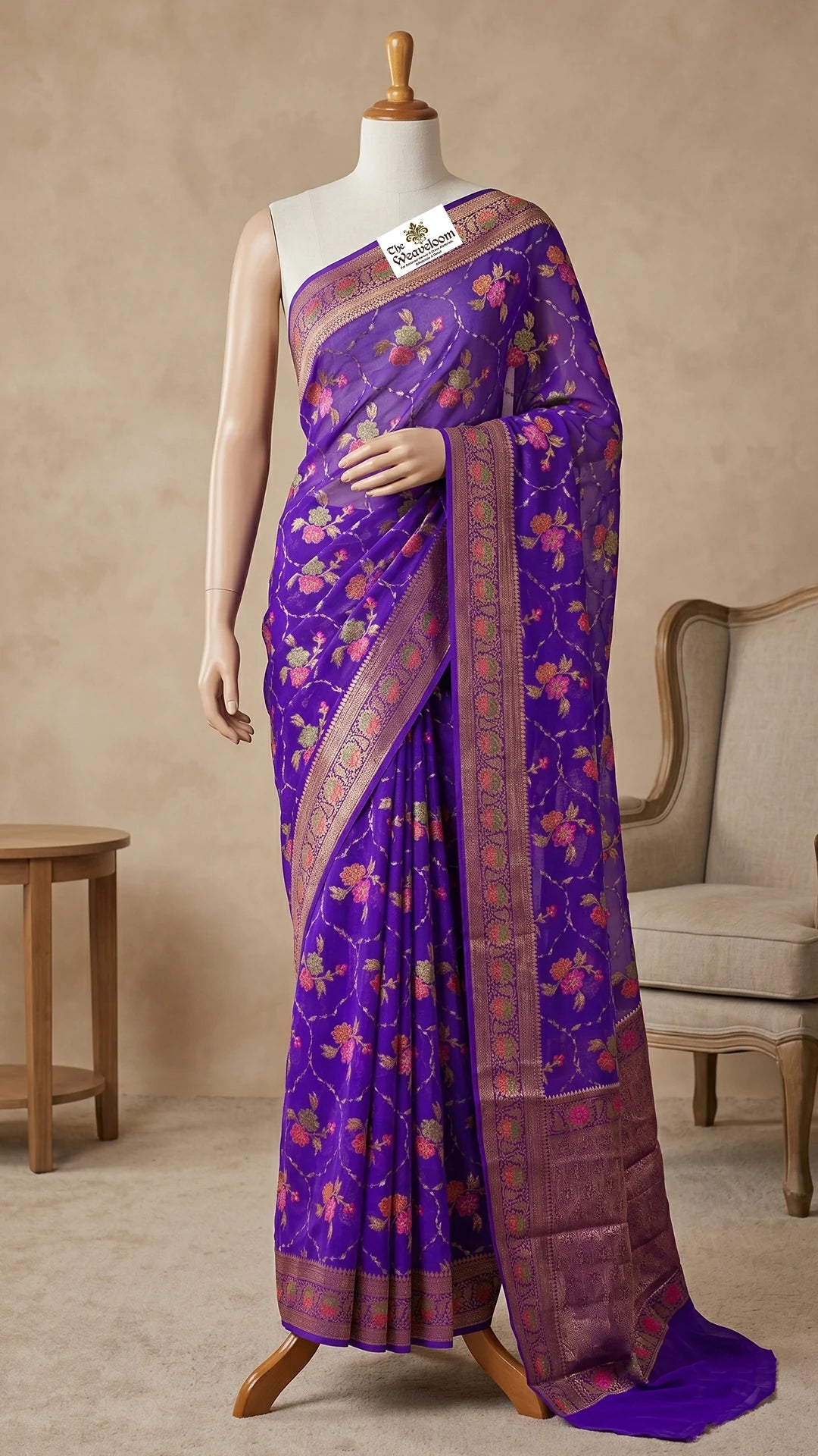 Violet Khaddi Chiffon Pure Banarasi Saree with Meenakari Floral Jaal Zari Border and Rich Pallu by The Weaveloom