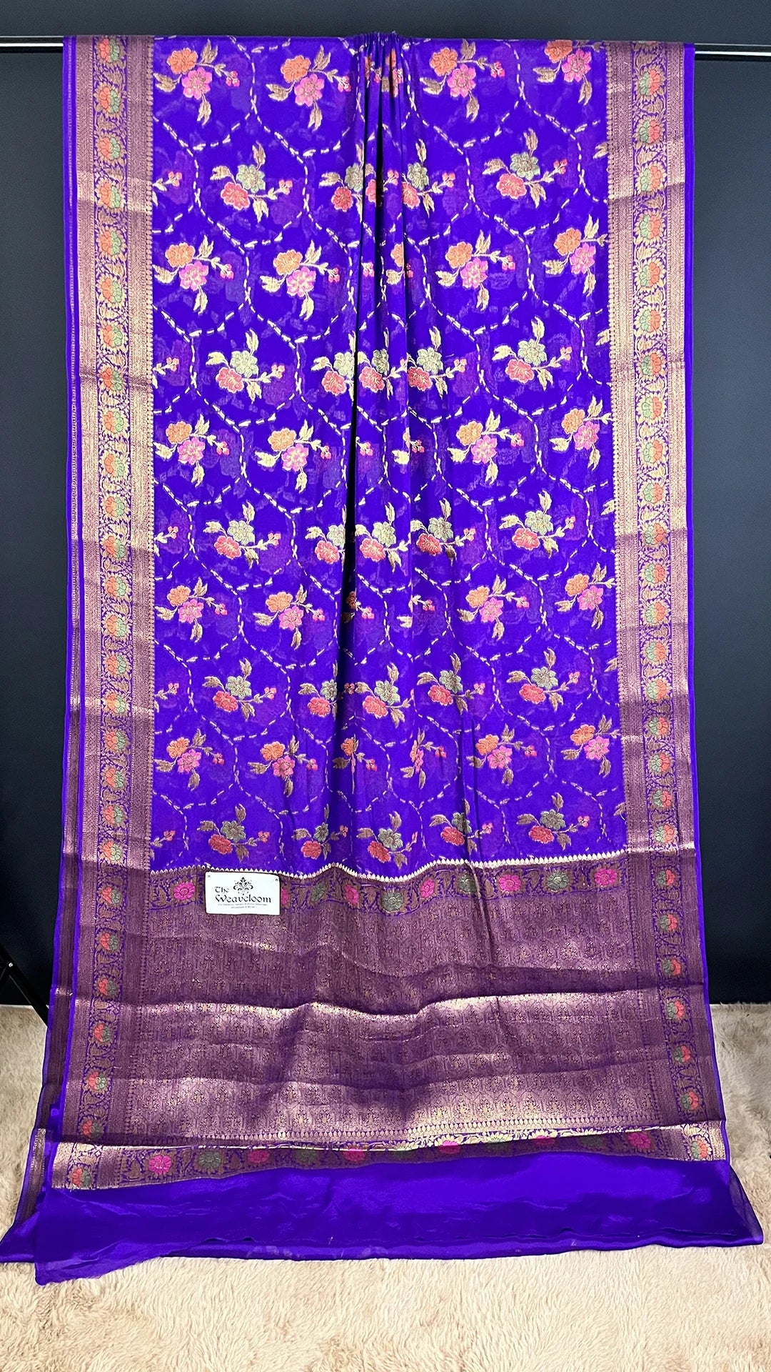 Violet Khaddi Chiffon Pure Banarasi Saree with Meenakari Floral Jaal Zari Border and Rich Pallu by The Weaveloom