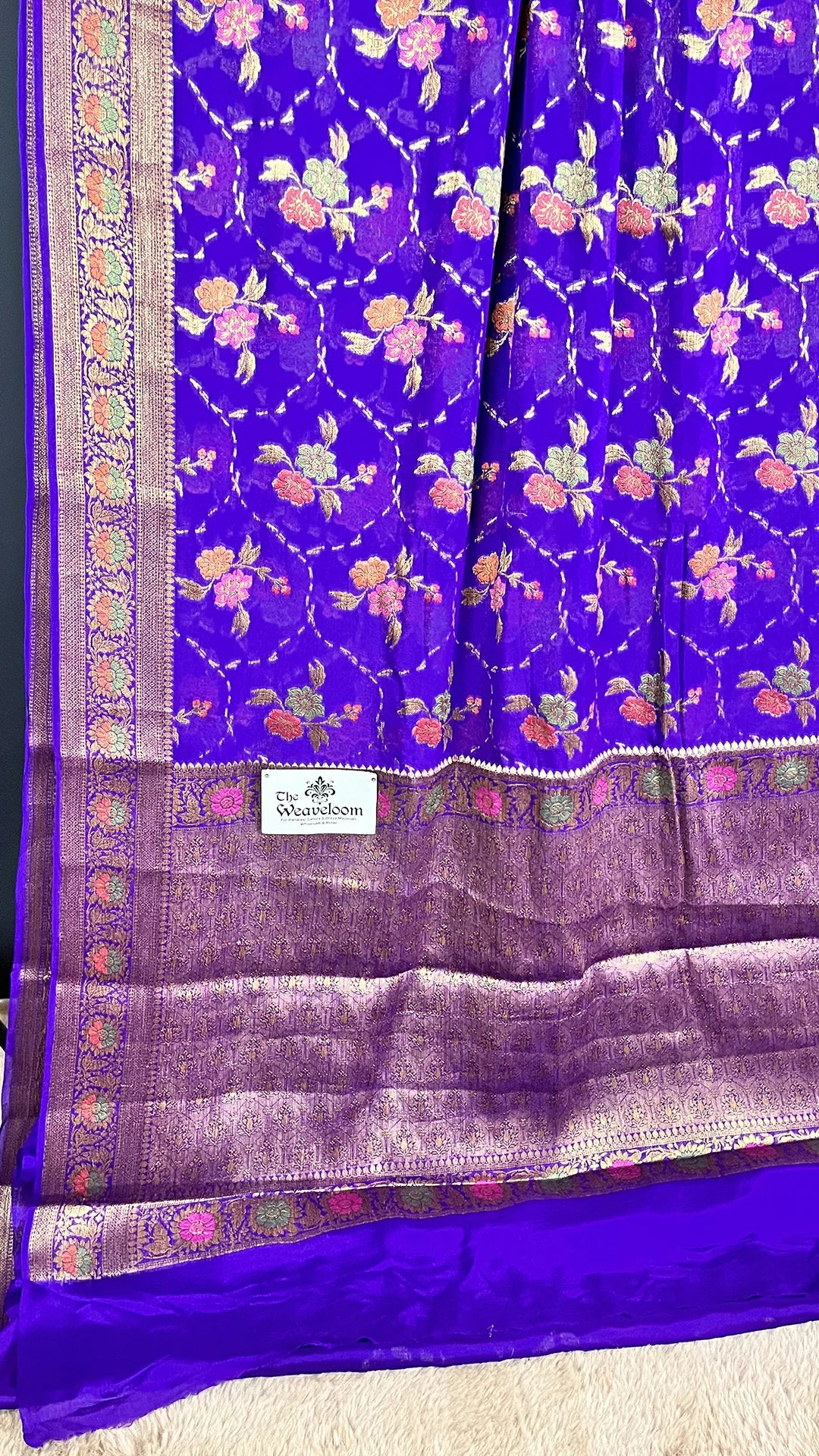 Violet Khaddi Chiffon Pure Banarasi Saree with Meenakari Floral Jaal Zari Border and Rich Pallu by The Weaveloom
