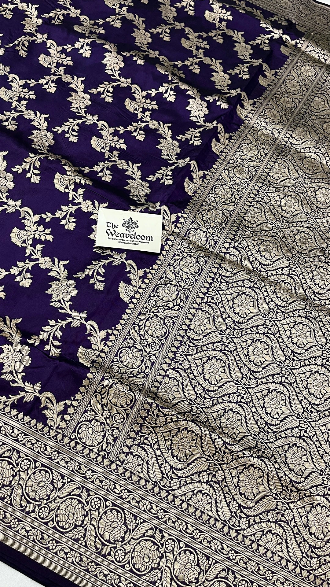 Violet Pure Katan Silk Banarasi Saree with All-Over Jangla Zari Work by The Weaveloom