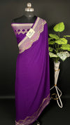 Violet Pure Khaddi Georgette Banarasi Saree Water Zari Handbrush Work - The Weaveloom