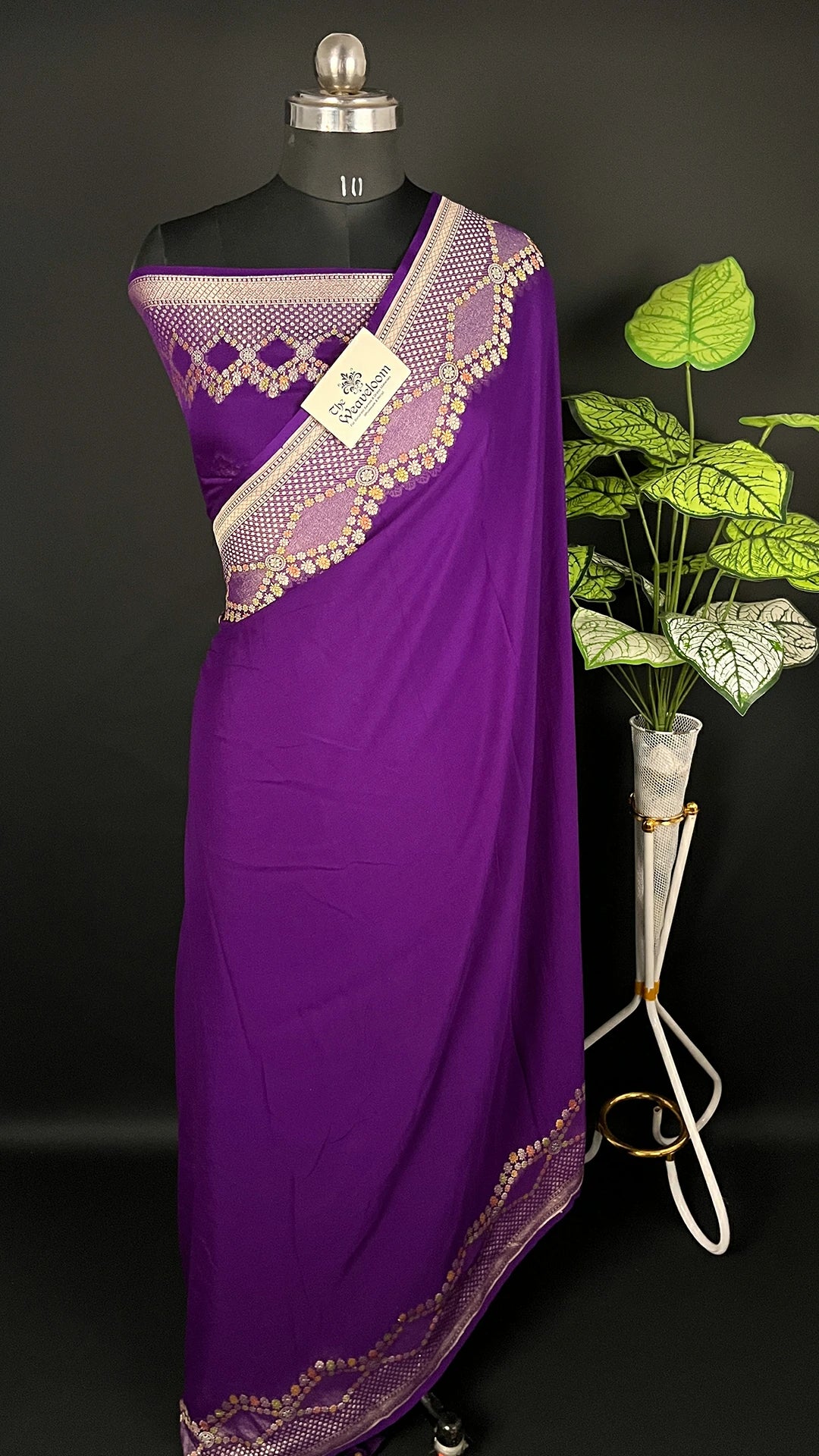 Violet Pure Khaddi Georgette Banarasi Saree Water Zari Handbrush Work - The Weaveloom