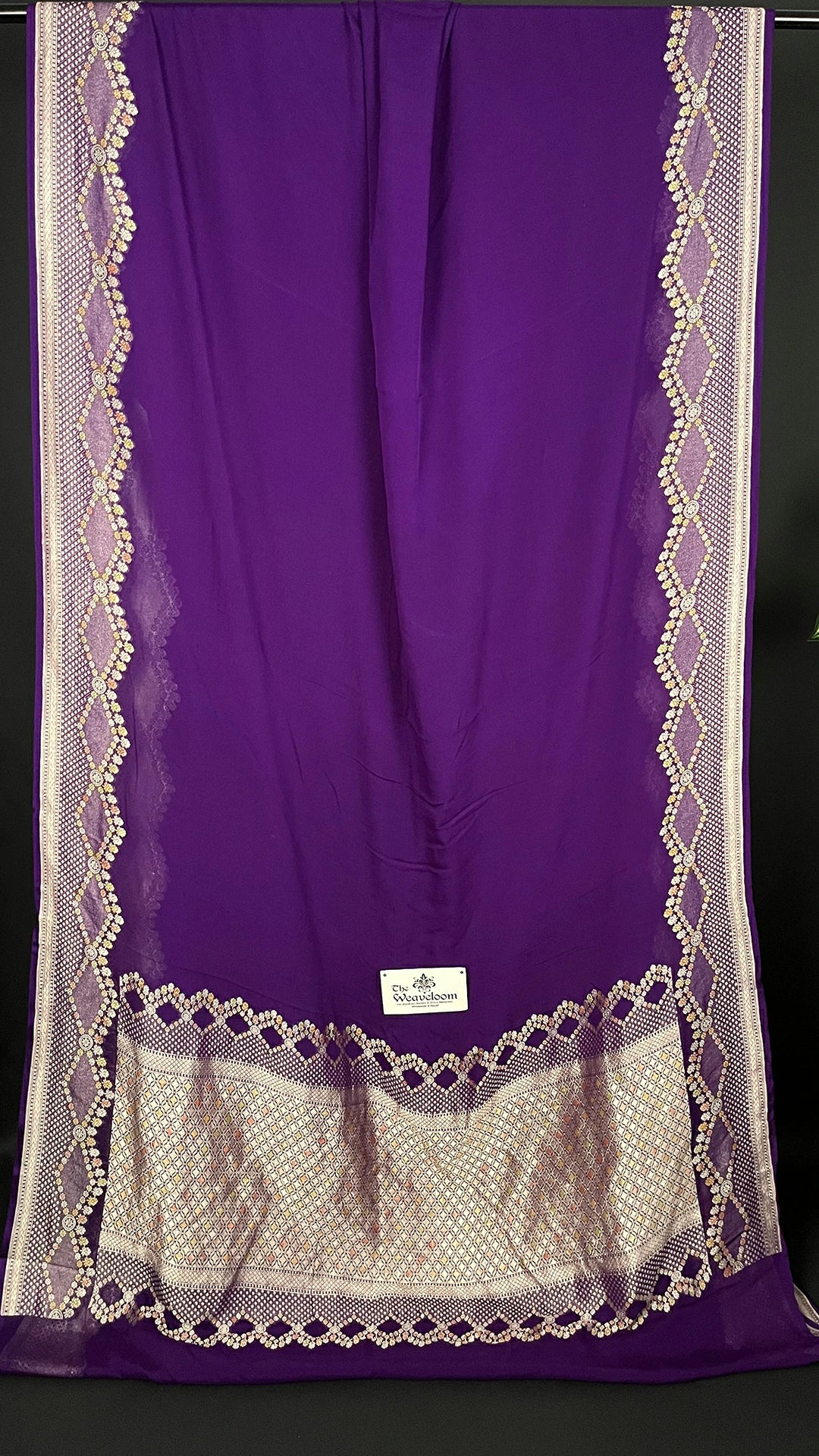 Violet Pure Khaddi Georgette Banarasi Saree Water Zari Handbrush Work - The Weaveloom