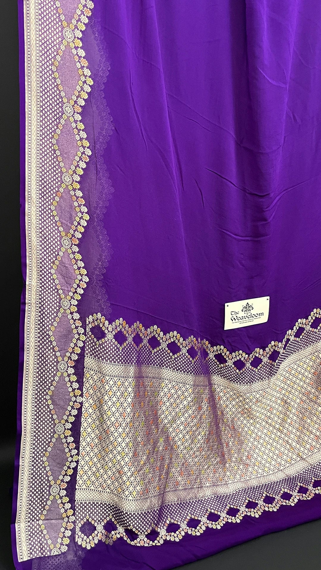 Violet Pure Khaddi Georgette Banarasi Saree Water Zari Handbrush Work - The Weaveloom