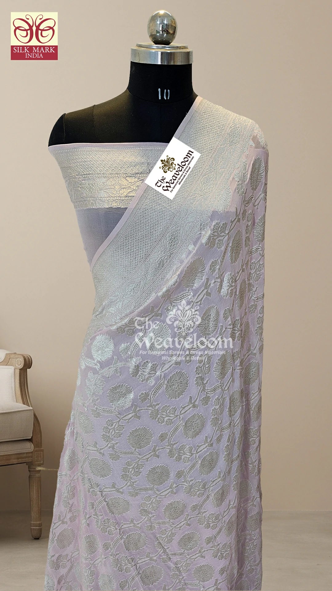 Water Pink Floral Jaal Khaddi Georgette Meenakari Pure Banarasi Saree with silver zari by The Weaveloom