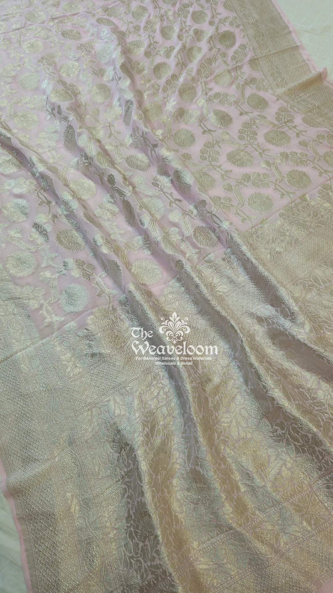 Water Pink Floral Jaal Khaddi Georgette Meenakari Pure Banarasi Saree with silver zari by The Weaveloom