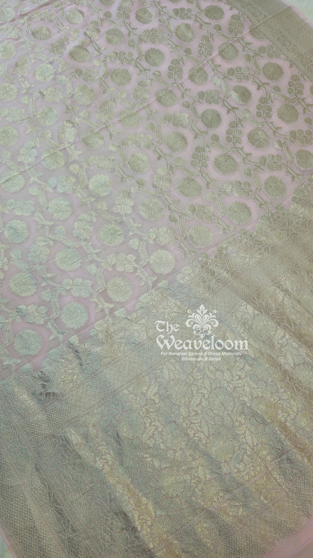 Water Pink Floral Jaal Khaddi Georgette Meenakari Pure Banarasi Saree with silver zari by The Weaveloom