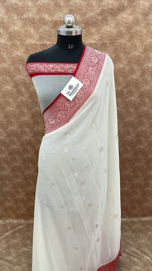 White Khaddi Georgette Handwoven Banarasi Saree With Silver Zari By The Weaveloom
