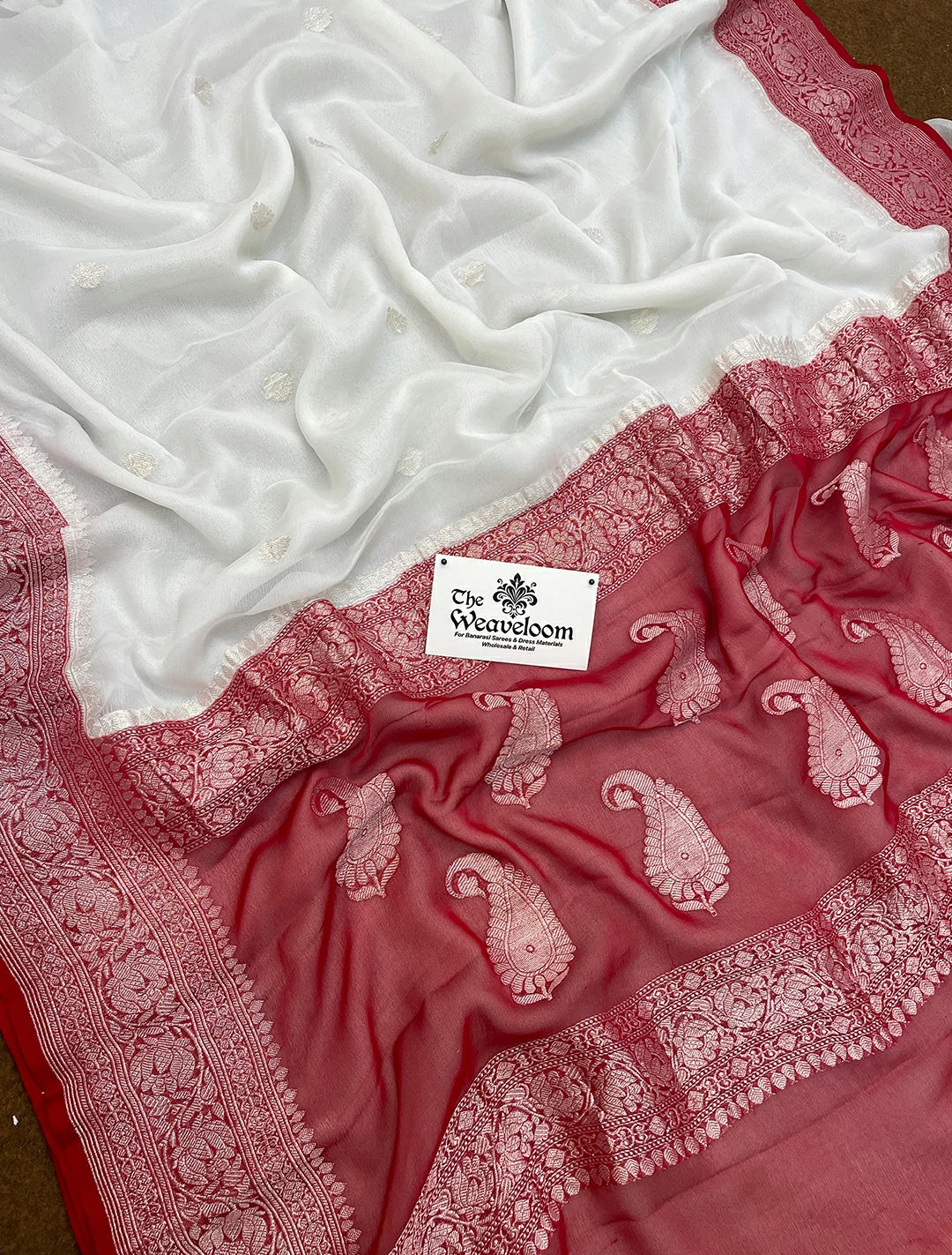 White Khaddi Georgette Handwoven Banarasi Saree With Silver Zari By The Weaveloom