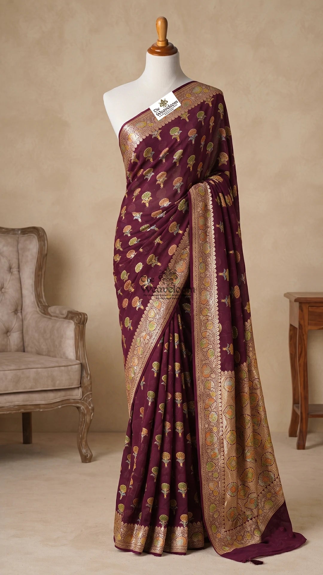 Wine Butta Motif Pure Crepe Georgette Banarasi Saree by The Weaveloom