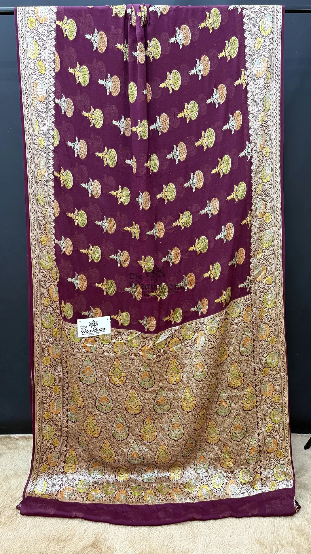 Wine Butta Motif Pure Crepe Georgette Banarasi Saree by The Weaveloom