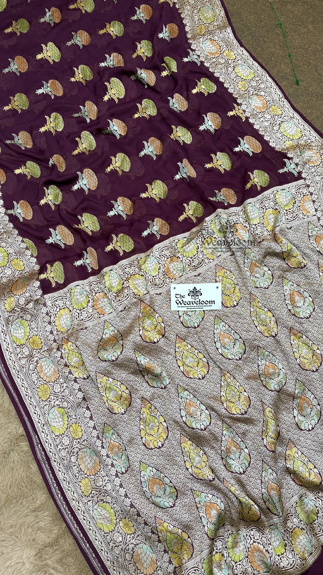 Wine Butta Motif Pure Crepe Georgette Banarasi Saree by The Weaveloom