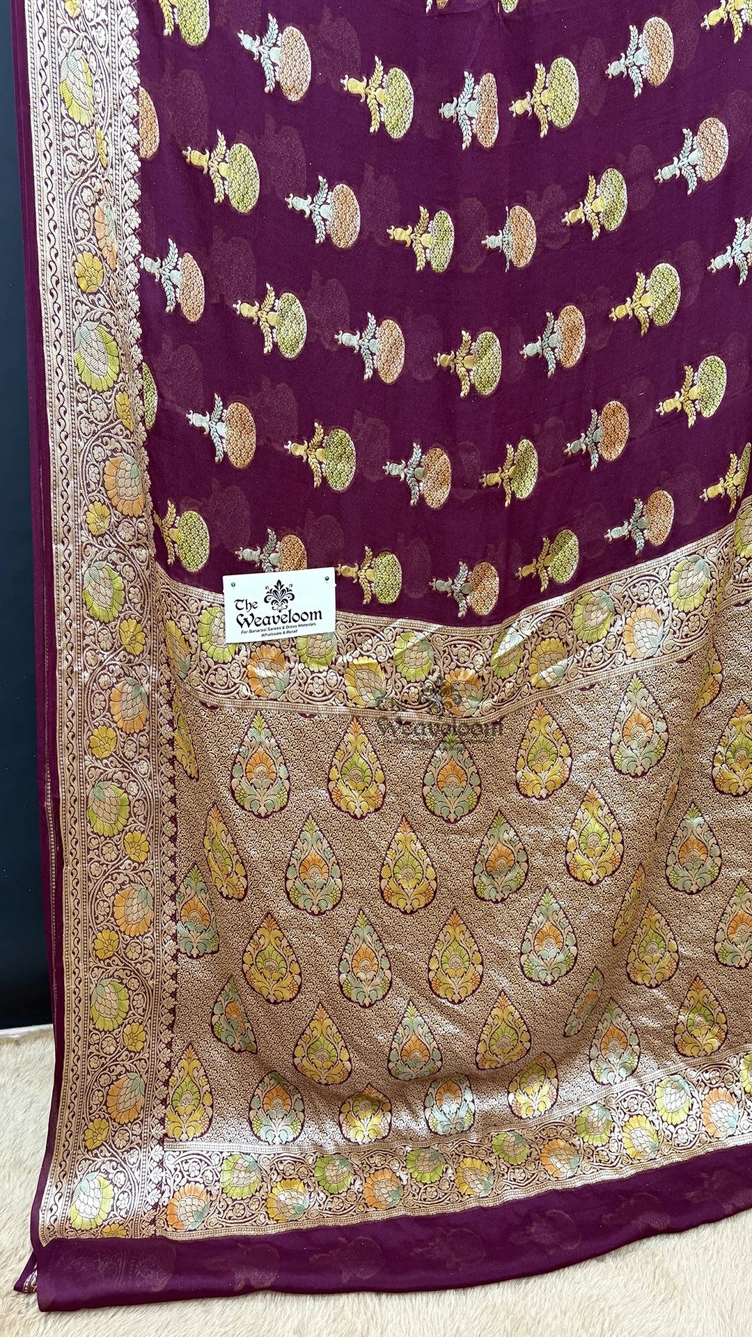 Wine Butta Motif Pure Crepe Georgette Banarasi Saree by The Weaveloom