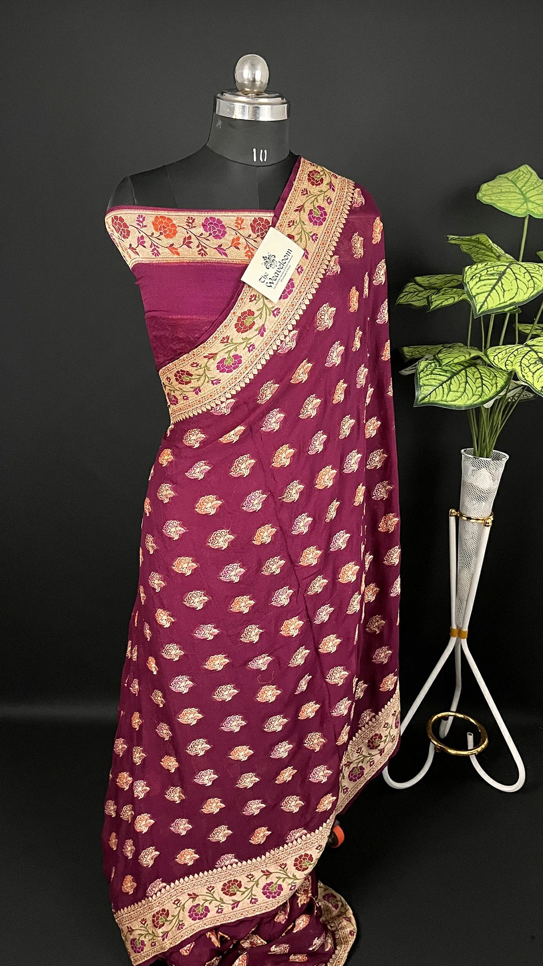 Wine Crepe Georgette Meenakari Pure Banarasi Saree with Floral Zari Border and Rich Pallu by The Weaveloom