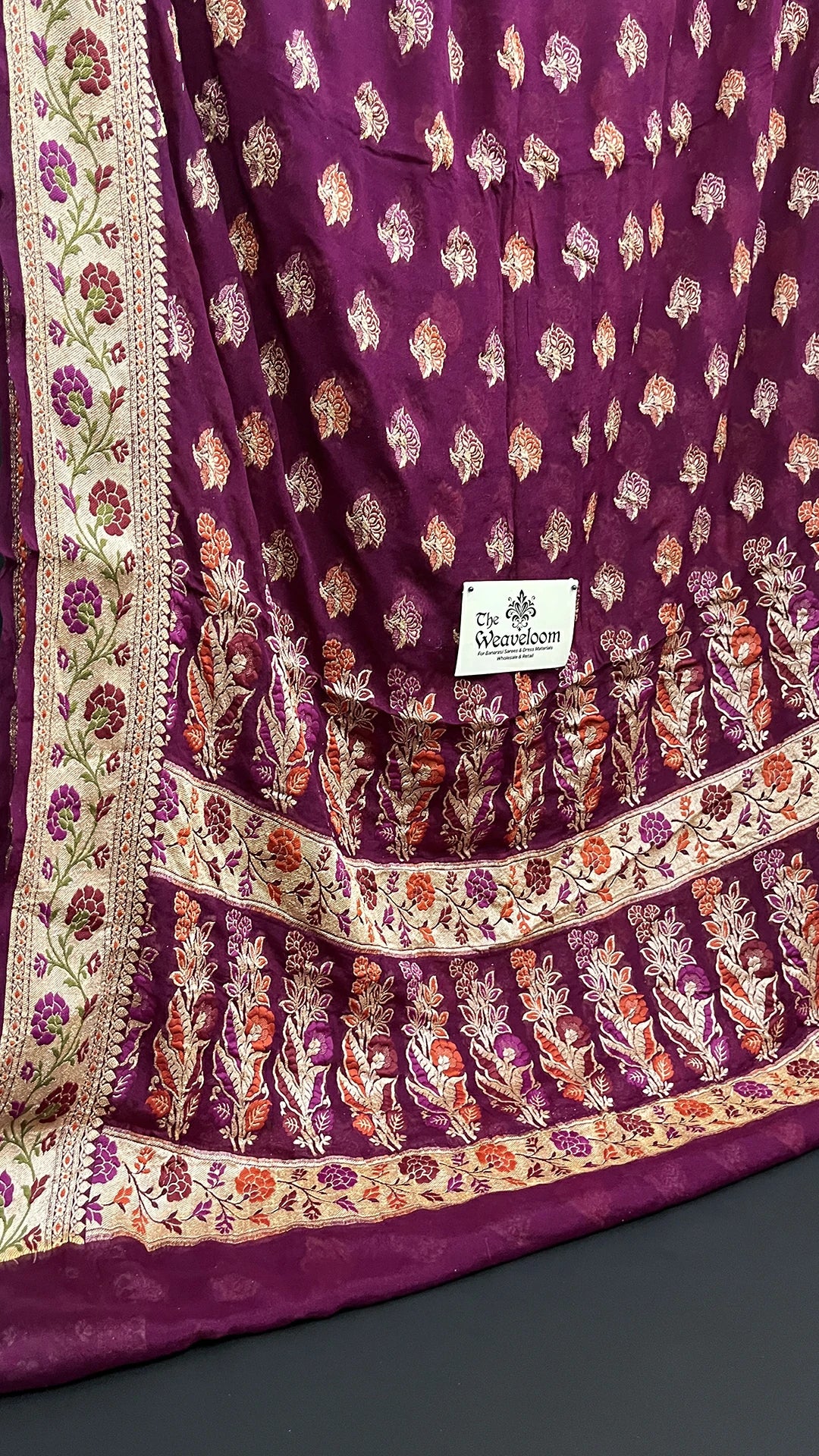 Wine Crepe Georgette Meenakari Pure Banarasi Saree with Floral Zari Border and Rich Pallu by The Weaveloom