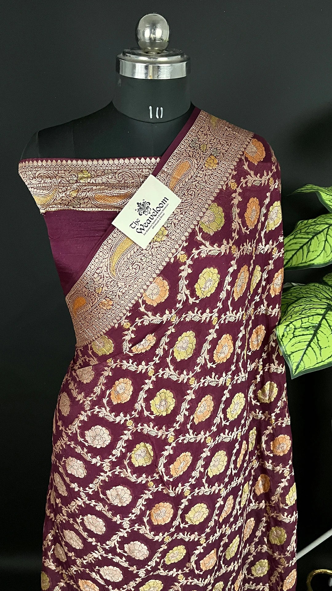 Wine Crepe Georgette Pure Banarasi Saree Handbrush Floral Jaal The Weaveloom