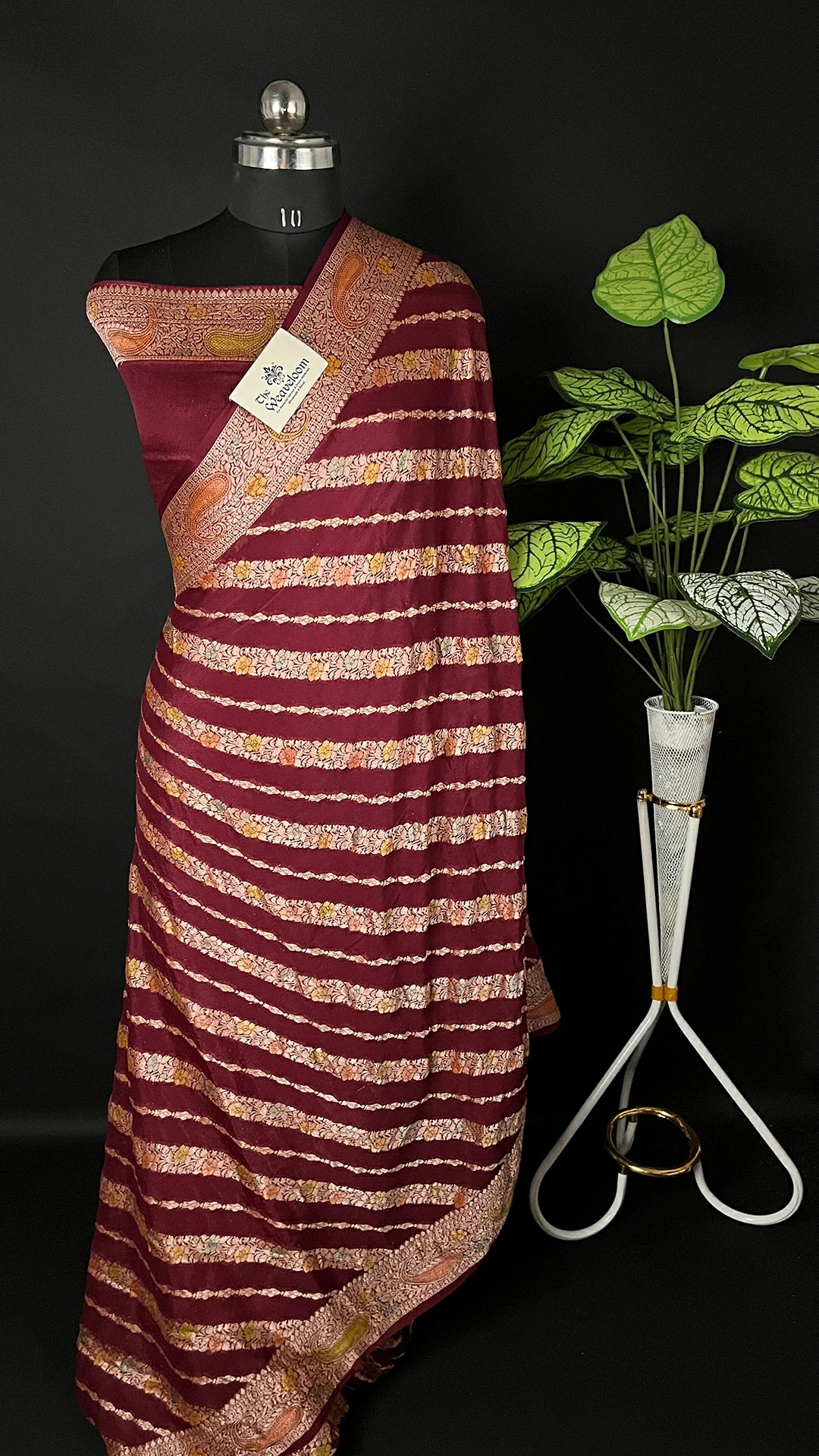 Wine Crepe Georgette Pure Banarasi Saree Handbrush Zari Stripes - The Weaveloom