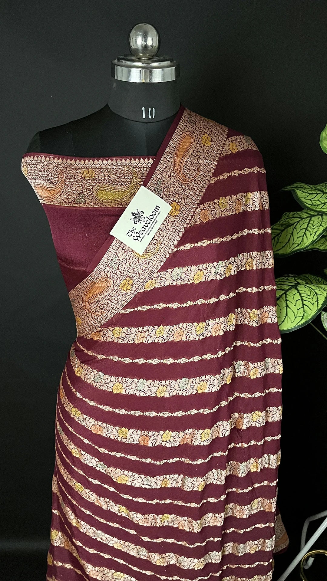 Wine Crepe Georgette Pure Banarasi Saree Handbrush Zari Stripes - The Weaveloom