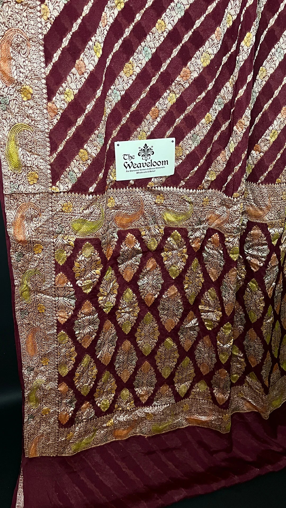 Wine Crepe Georgette Pure Banarasi Saree Handbrush Zari Stripes - The Weaveloom