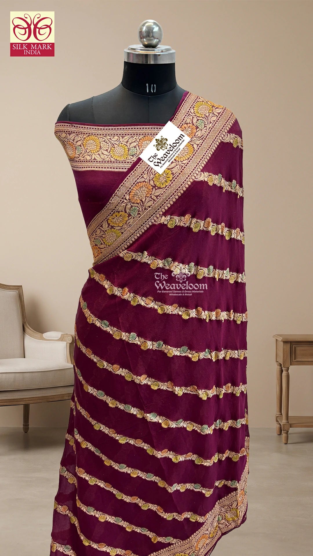 Wine diagonal floral stripe handbrush kalamkari crepe georgette pure Banarasi saree by The Weaveloom