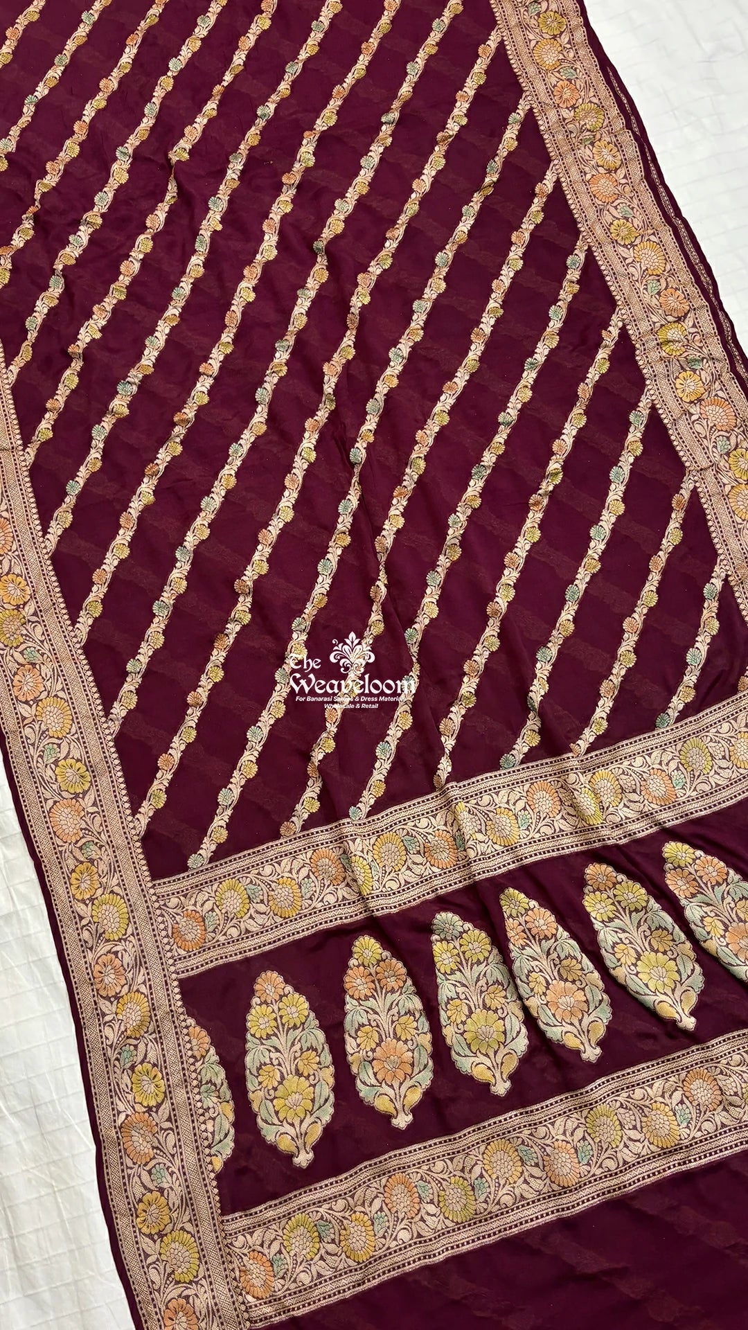 Wine diagonal floral stripe handbrush kalamkari crepe georgette pure Banarasi saree by The Weaveloom