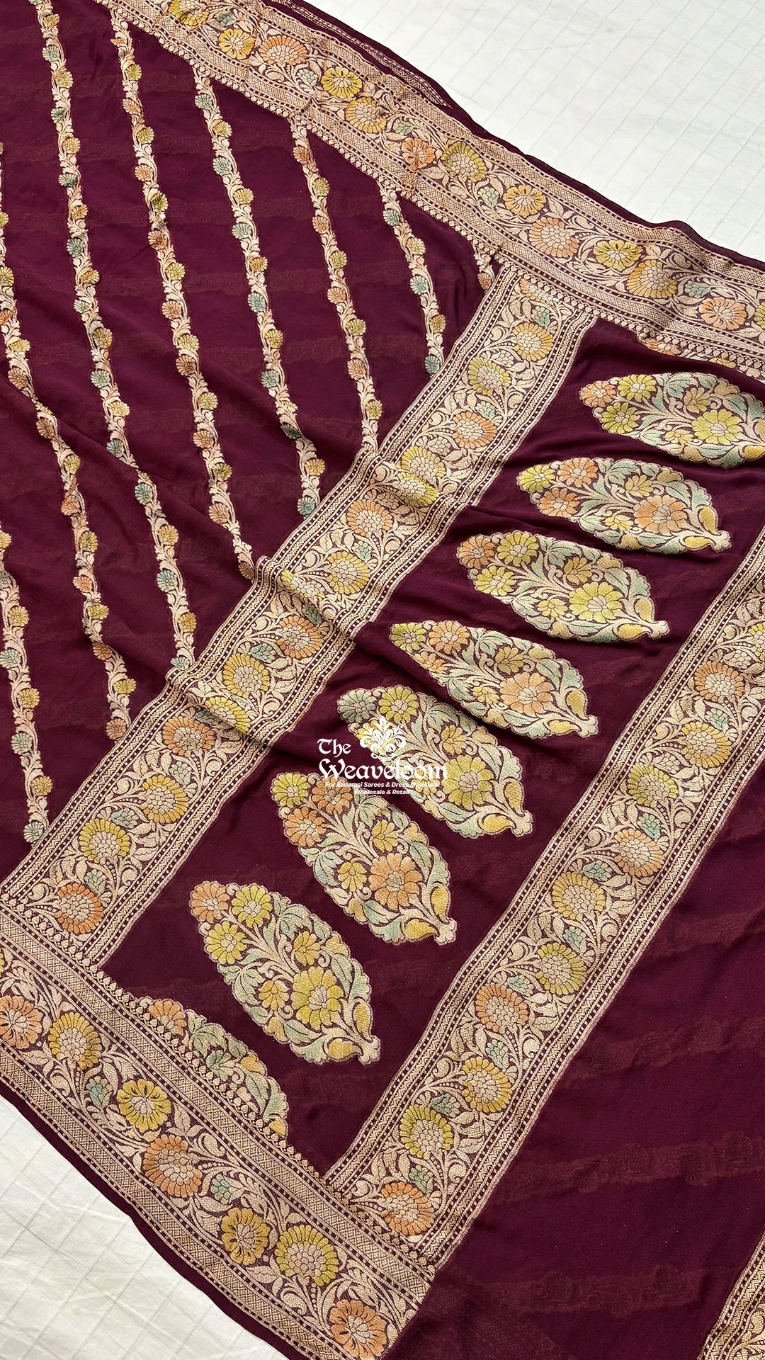 Wine diagonal floral stripe handbrush kalamkari crepe georgette pure Banarasi saree by The Weaveloom