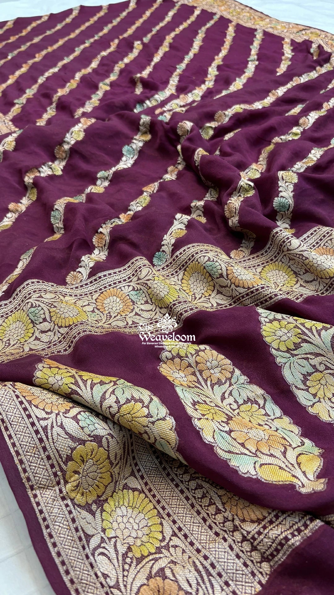 Wine diagonal floral stripe handbrush kalamkari crepe georgette pure Banarasi saree by The Weaveloom