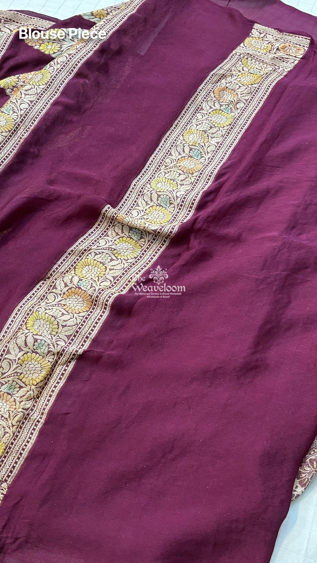 Wine diagonal floral stripe handbrush kalamkari crepe georgette pure Banarasi saree by The Weaveloom