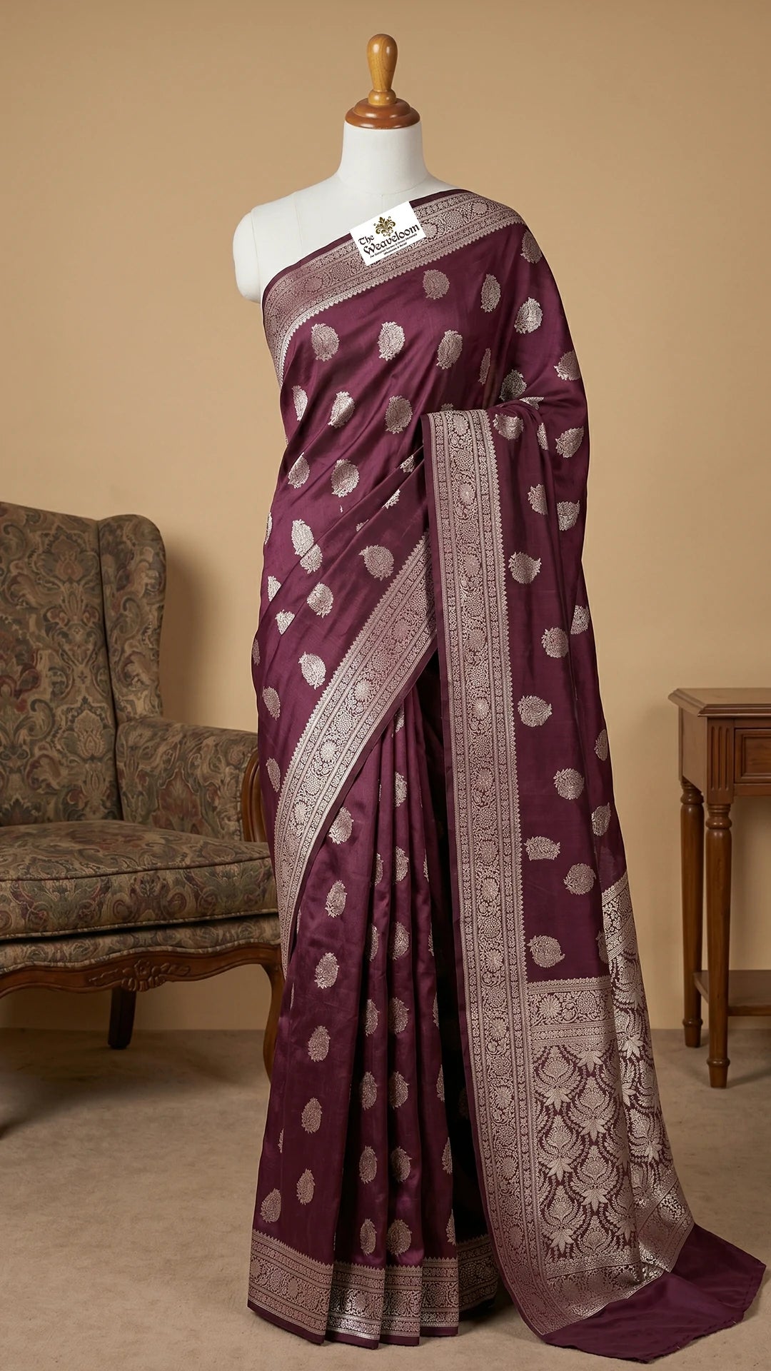 Wine Dupion Silk Banarasi Saree with Silver Zari Buti and Jaal Pallu by The Weaveloom