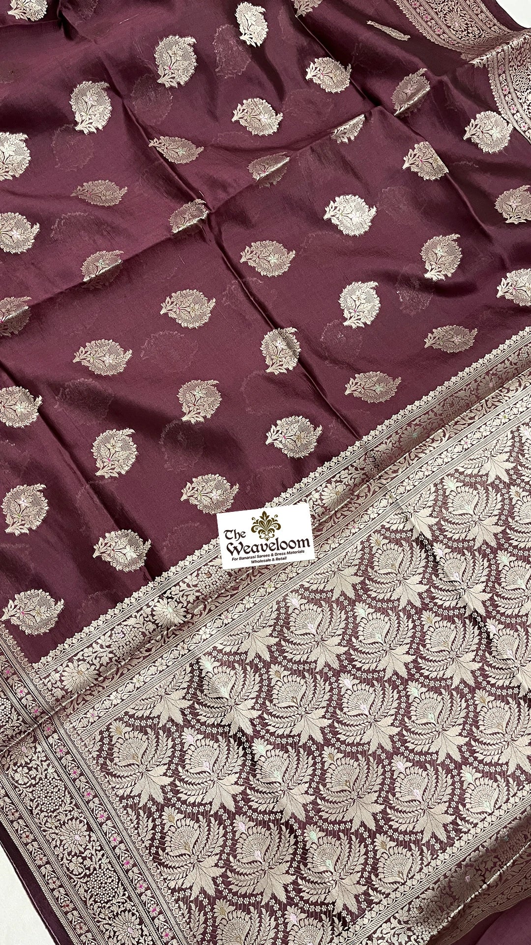 Wine Dupion Silk Banarasi Saree with Silver Zari Buti and Jaal Pallu by The Weaveloom