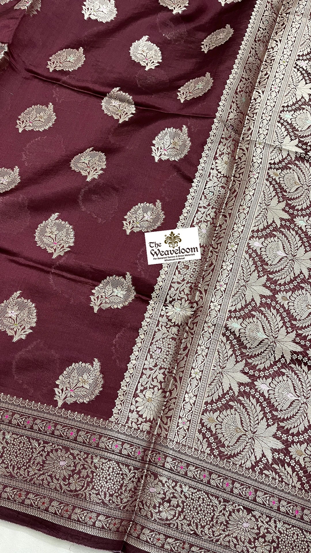 Wine Dupion Silk Banarasi Saree with Silver Zari Buti and Jaal Pallu by The Weaveloom