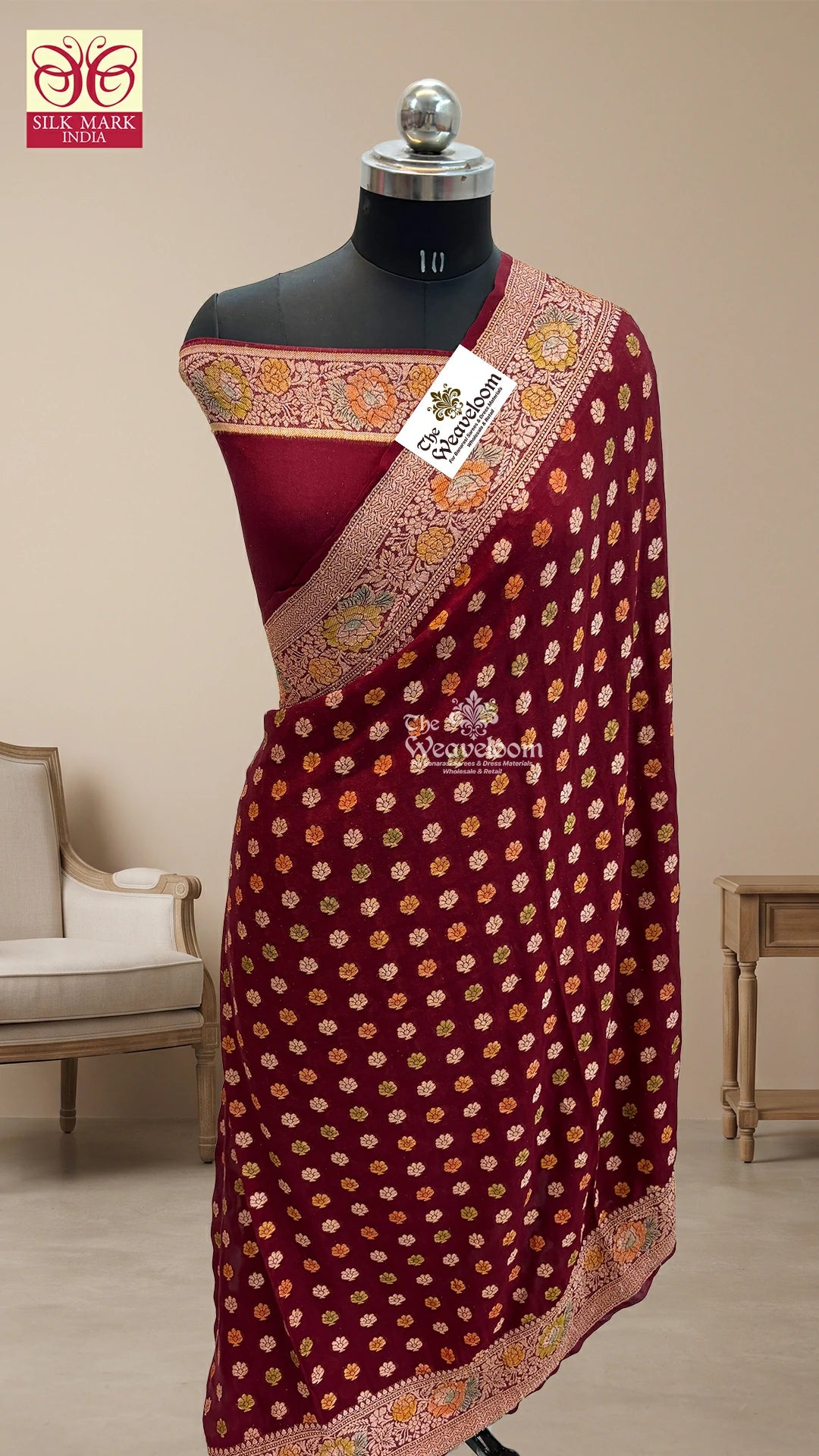 Wine floral booti crepe georgette pure Banarasi saree by The Weaveloom