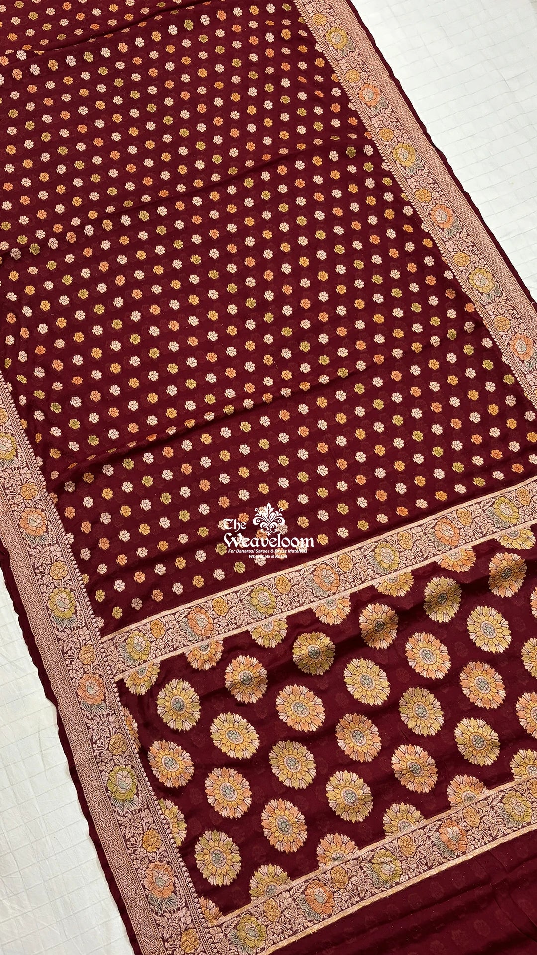 Wine floral booti crepe georgette pure Banarasi saree by The Weaveloom