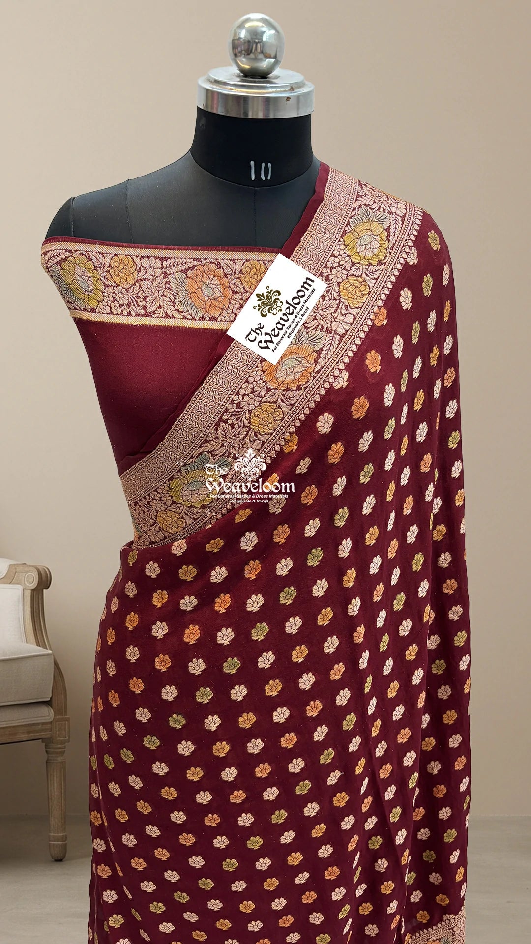 Wine floral booti crepe georgette pure Banarasi saree by The Weaveloom