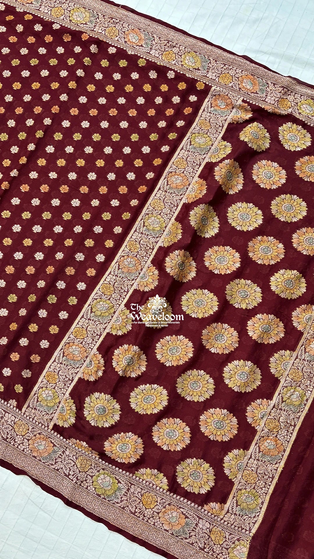 Wine floral booti crepe georgette pure Banarasi saree by The Weaveloom
