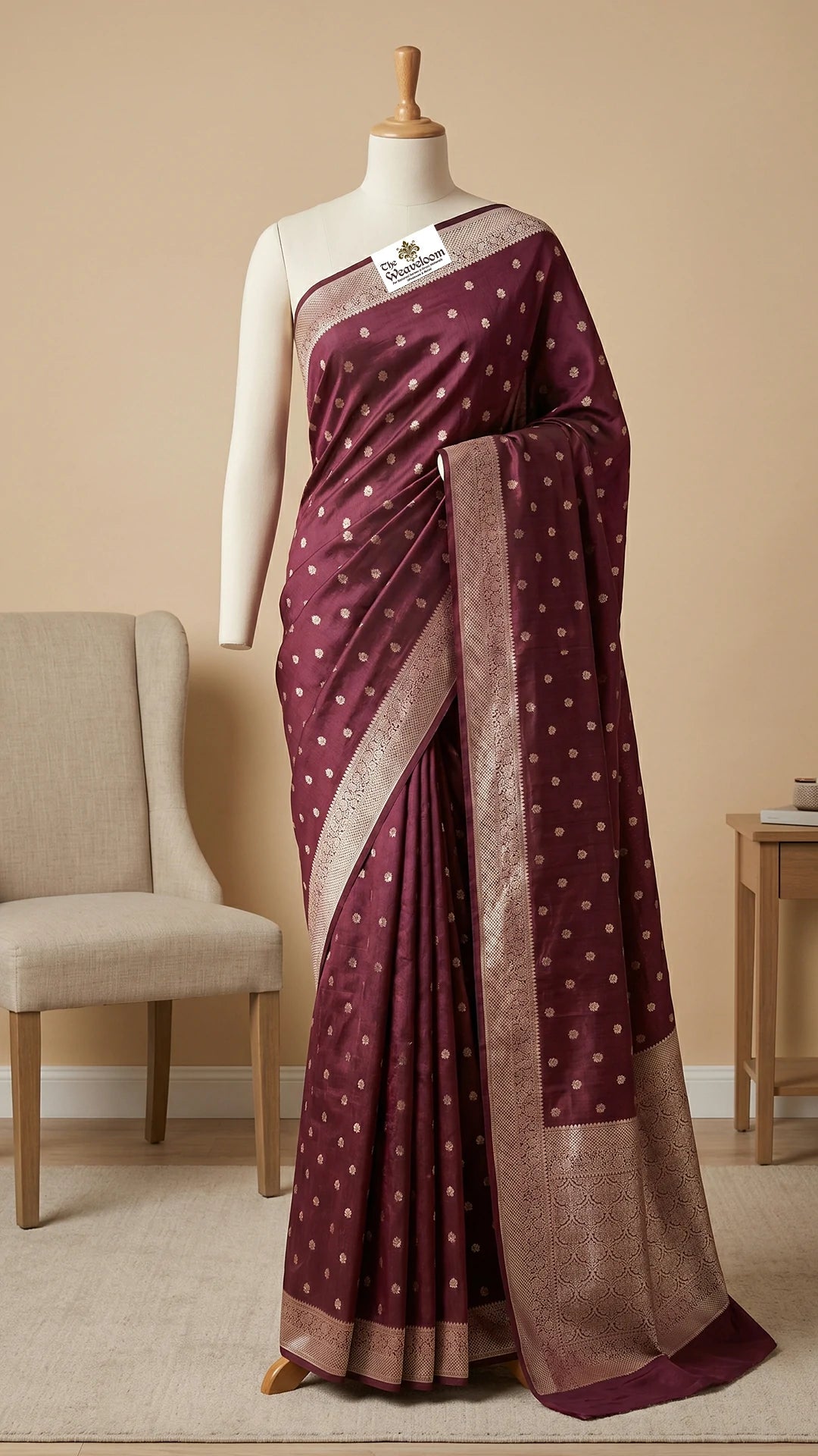 Wine Floral Buti Dupion Silk Pure Banarasi Saree with Silver Zari Jaal Border by The Weaveloom